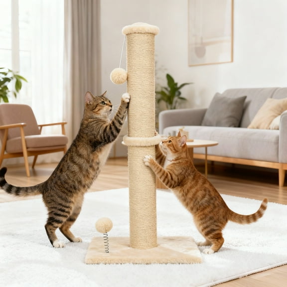 CL.HPAHKL Cat Scratching Post, 22" Tall Kitten Scratch Post Natural Sisal Rope Scratcher with Hanging Toy for Indoor Cats, Sturdy Base, Beige