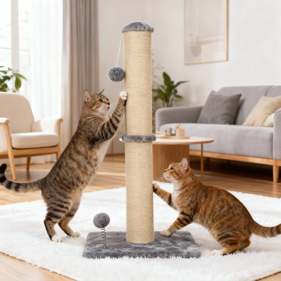 CL.HPAHKL Cat Scratching Post, 22" Tall Kitten Scratch Post Natural Sisal Rope Scratcher with Hanging Toy for Indoor Cats, Sturdy Base, Light Gray