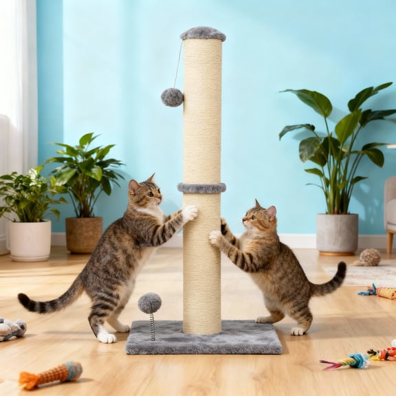 CL.HPAHKL Cat Scratching Post, 33" Tall Cat Scratch Post Natural Sisal Rope Scratcher with Hanging Toy for Indoor Cats Adults, Sturdy Base, Light Gray