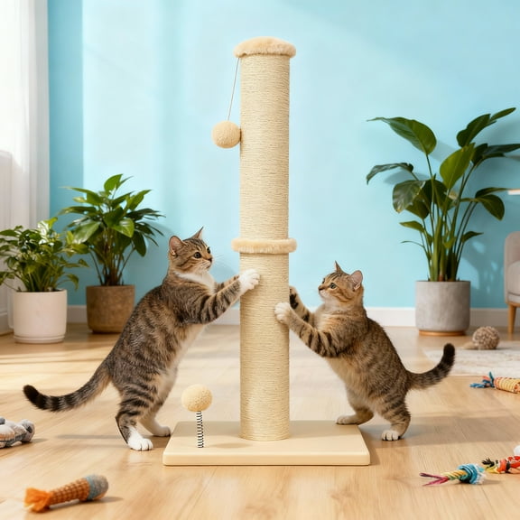 CL.HPAHKL Cat Scratching Post, 33" Tall Cat Scratch Post Natural Sisal Rope Scratcher with Hanging Toy for Indoor Cats Adults, Sturdy Base, Beige
