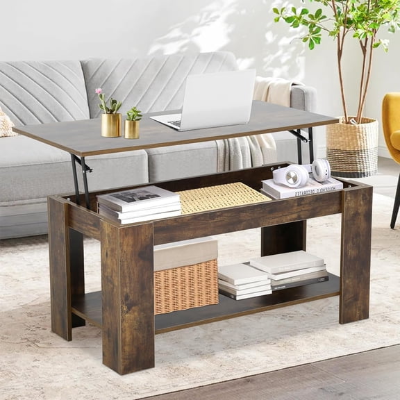 CL.HPAHKL Coffee Table with Lift Top, Small Rising Wooden Dining Center Table with Storage Shelf & Hidden Compartment for Living Room Apartment Reception Room, Brown