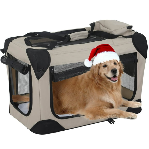 CL.HPAHKL Collapsible Dog Crate for Large Dogs, 42 Inch Dog Cage Extra Large Soft Portable Dog Carrier with Mesh Doors and Storage Bags, Folding Soft Crate Pet Carrier Indoors Outdoors Travel, Beige