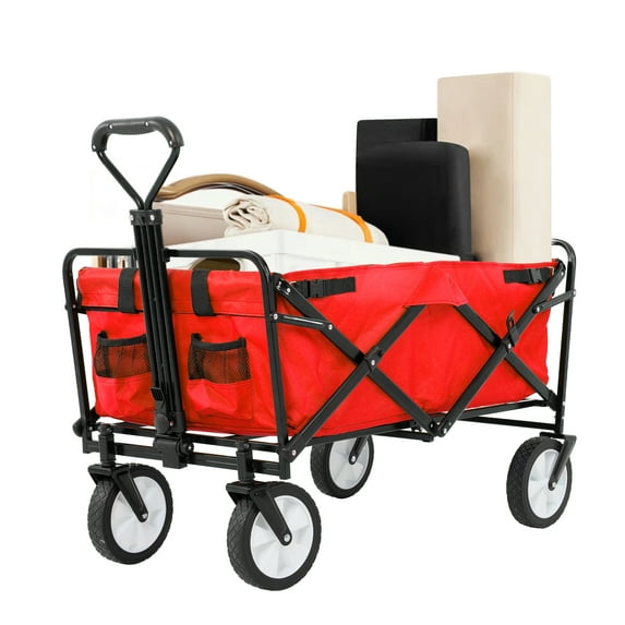 CL.HPAHKL Collapsible Folding Wagon, Beach Wagons Utility Grocery Shopping Cart Foldable Wagon Cart with Wheels, Adjustable Handle, Drink Holders for Camping, Garden, Beach and Outdoor (42In H, Red)
