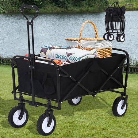 CL.HPAHKL Collapsible Folding Wagon with Large Capacity, Utility Wagon Cart Heavy Duty Foldable, Portable Garden Cart for Garden Sport Shopping Beach (Black)