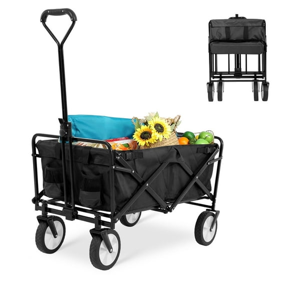 CL.HPAHKL Collapsible Wagon Cart Foldable Garden Wagon Cart Utility Wagon with All-Terrain Wheels, Black
