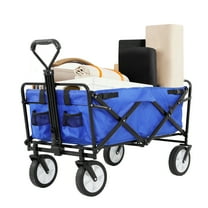 CL.HPAHKL Collapsible Wagon Cart, Lightweight Utility Grocery Wagon with Wheels Folding Beach Wagons with Two Drink Holders Portable Wagon with Adjustable Handle for Garden, Shopping (42In H, Blue)