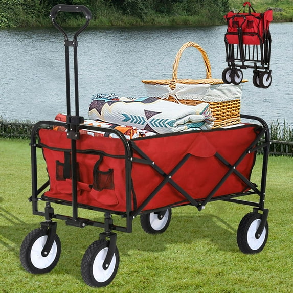 CL.HPAHKL Collapsible Wagon, Heavy Duty Utility Foldable Wagons Carts with Wheels, Folding Beach Wagon Grocery Wagon for Camping Garden Shopping Sports Outdoor Use, Red