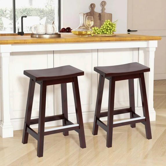 CL.HPAHKL Counter Height Bar Stools Set of 2, 24 Inch Kitchen Counter Stools Backless Wooden Barstools Solid Wooden Saddle Stools with Footrests for Kitchen Island, Dining Room, Pub, Cafe, Brown