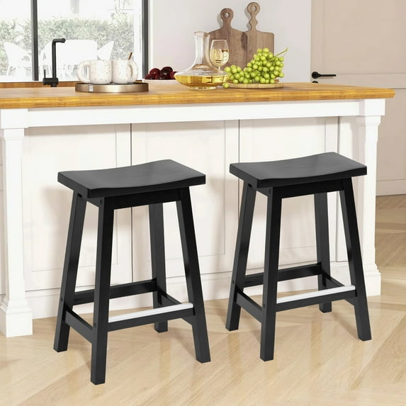 CL.HPAHKL Counter Height Bar Stools Set of 2, 24 Inch Kitchen Counter Stools Backless Wooden Barstools Solid Wooden Saddle Stools with Footrests for Kitchen Island, Dining Room, Pub, Cafe, Black