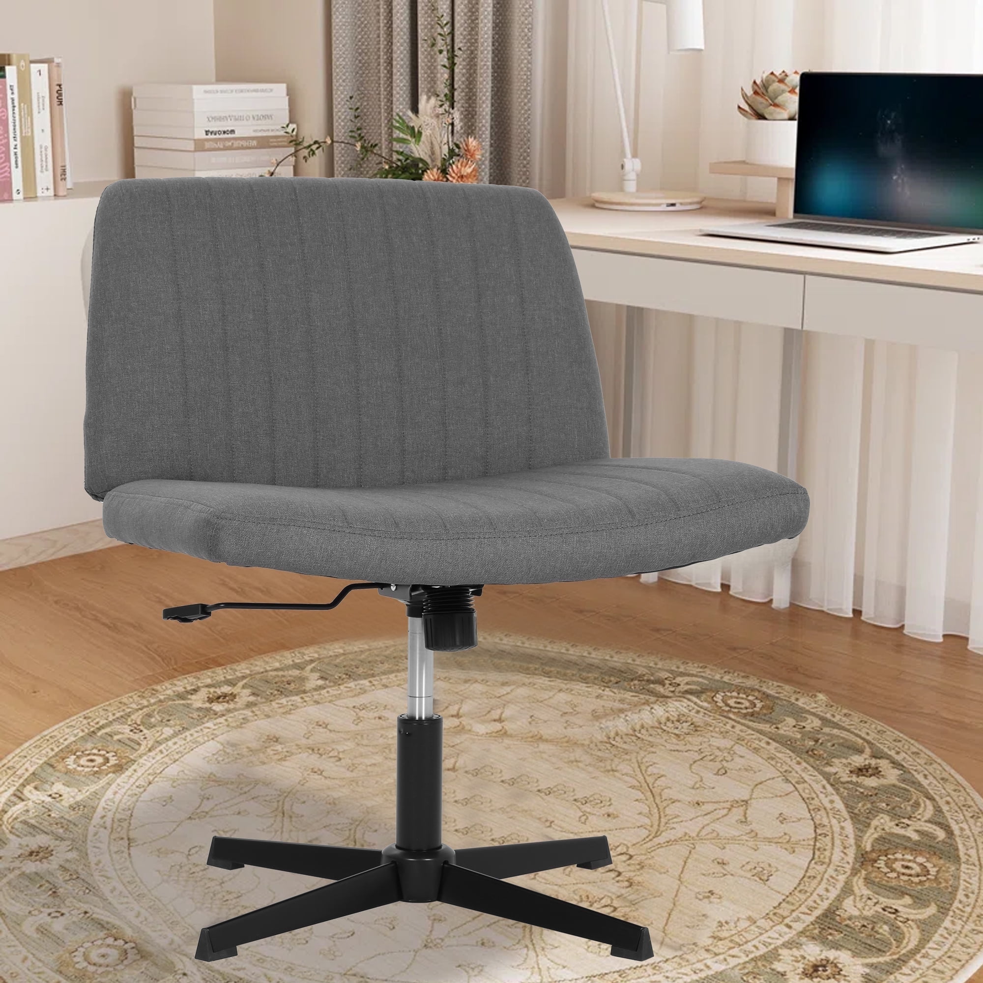 CL.HPAHKL Criss Cross Chair, Height Adjustable Comfy Computer Task Seating Modern Makeup Vanity Chair with Back No Wheels Armless Fabric Wide Desk Chair for Bedroom, Home Office (1, Grey)