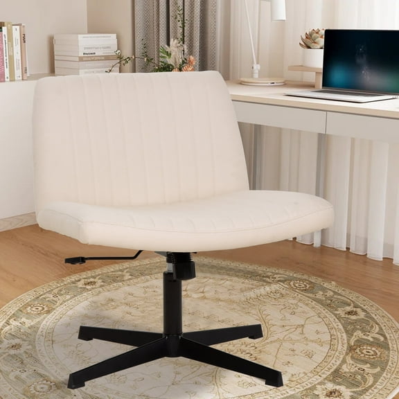 CL.HPAHKL Criss Cross Chair, Modern Height Adjustable Cross Legged Office Chair Armless Fabric Wide Desk Chair No Wheels Swivel Vanity Chairs with Backs for Home Office, Small Space (1, Beige)