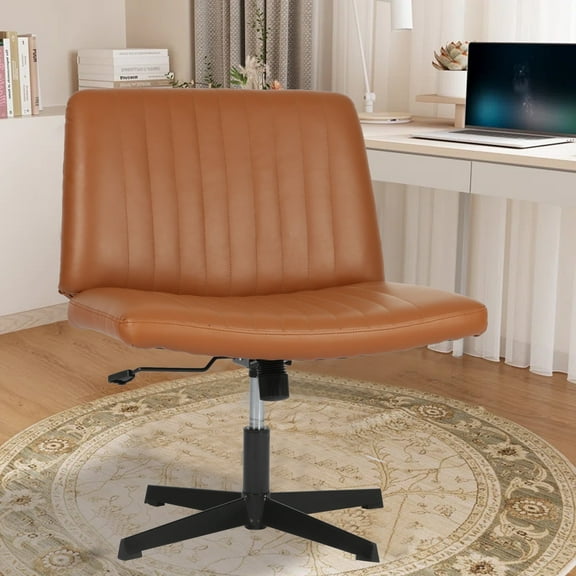 CL.HPAHKL Criss Cross Desk Chair, Height Adjustable Comfy Computer Task Chairs with Back No Wheels Armless Cross Legged Chair Modern Vanity Swivel Chair for Home Office Bedroom (1, Brown)