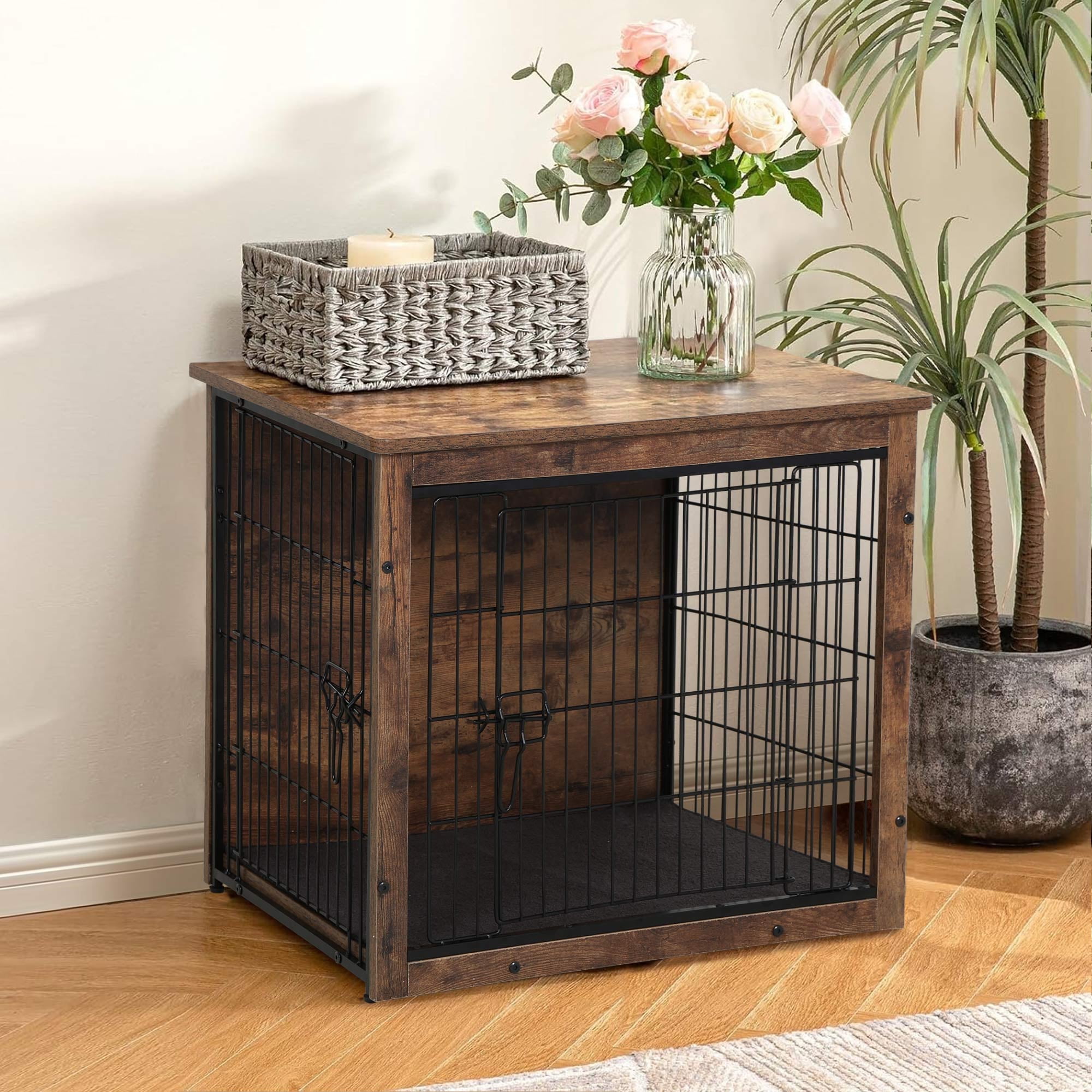 Rustic Brown Wooden Dog Crate End Table with Steel Mesh