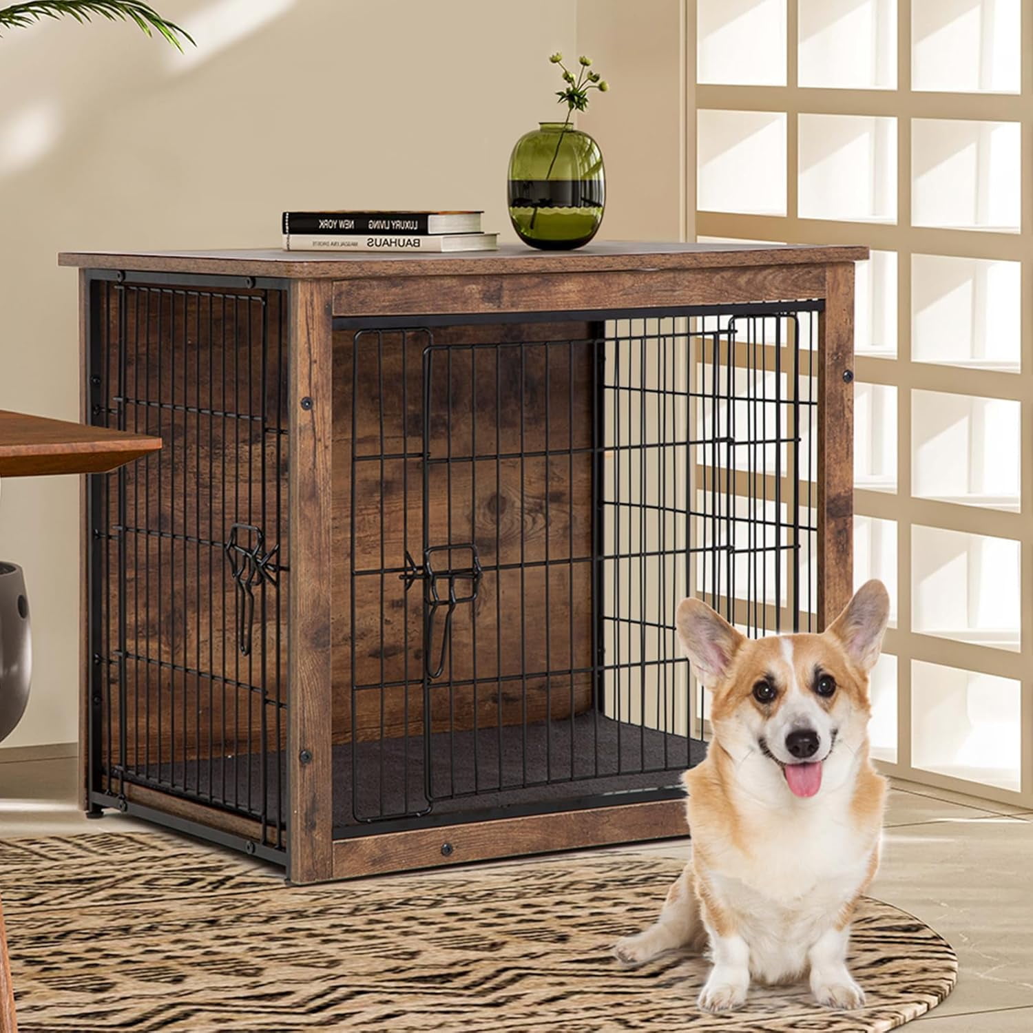Rustic Brown Wooden Dog Crate End Table with Steel Mesh