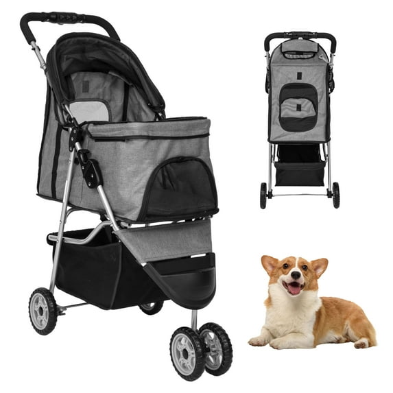 CL.HPAHKL Dog Stroller, 3 Wheels Foaldable Cat Stroller Dog Cat Cage Jogger Stroller for Medium Small Dogs Cats, Pet Stroller with Storage Basket and Cup Holder Portable Lightweight for Travel