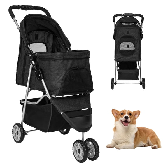 CL.HPAHKL Dog Stroller, 3 Wheels Foaldable Cat Stroller Dog Cat Cage Jogger Stroller for Medium Small Dogs Cats, Pet Stroller with Storage Basket and Cup Holder Portable Lightweight for Travel