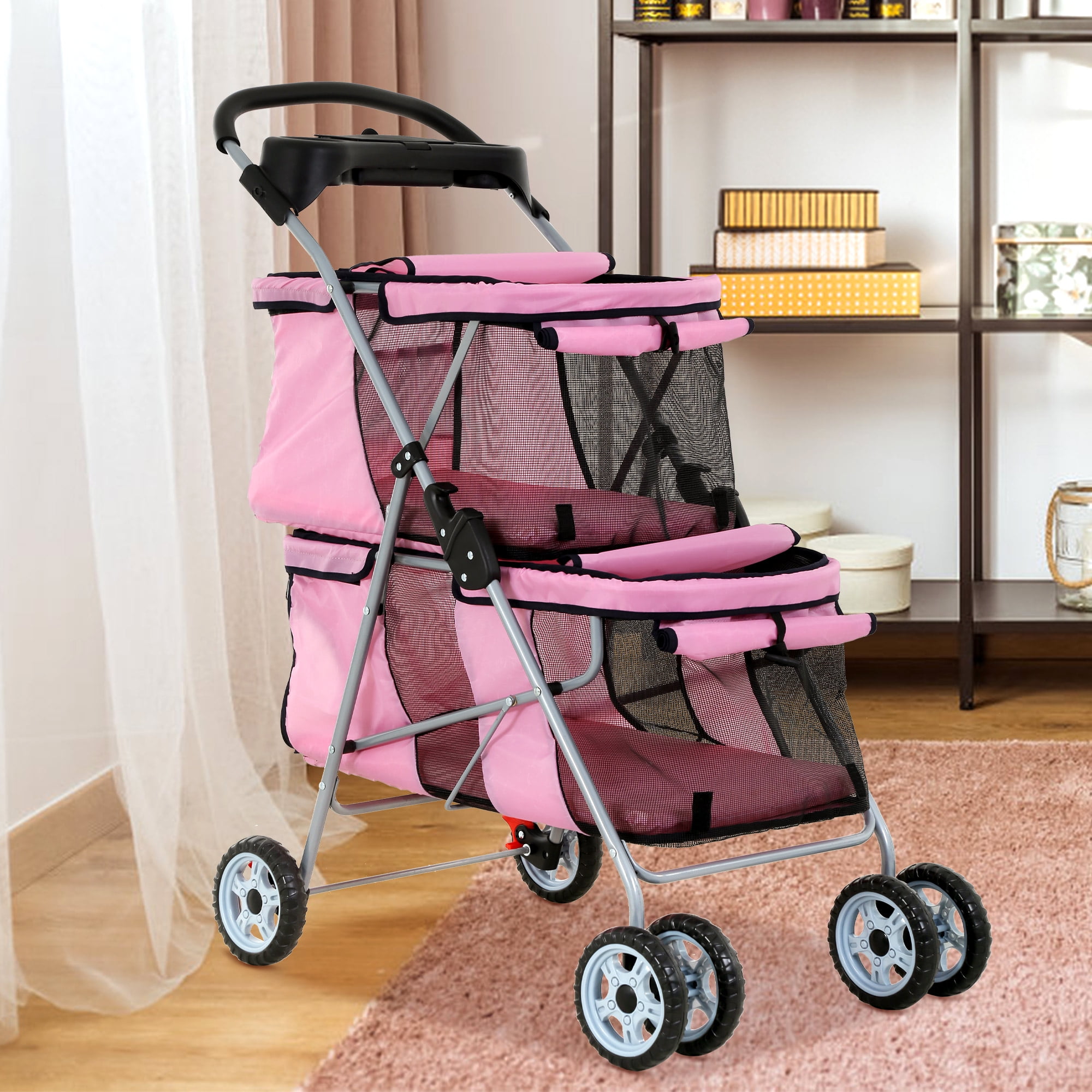 Pink Double Decker Folding Dog Stroller with Mesh Windows