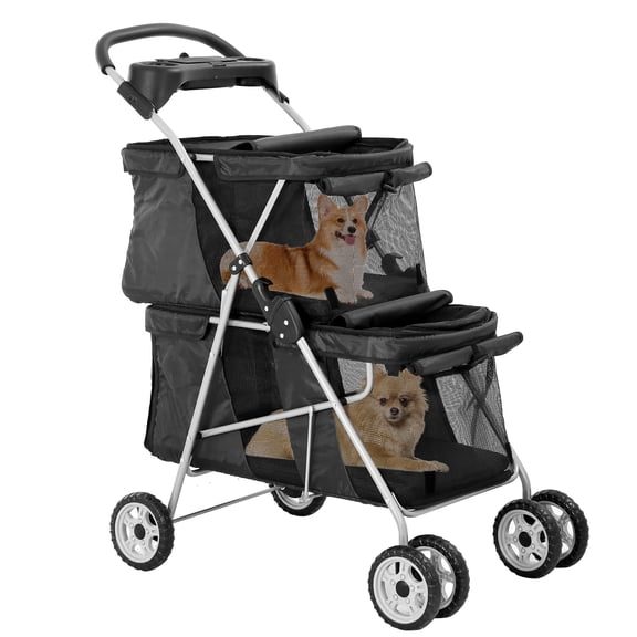 CL.HPAHKL Double Decker Pet Stroller for 2 Small Pets, 4 Wheels Folding Dog Cart with Mesh Window & Rear Brake, Lightweight Portable Travel Dog Carriage Stroller, Black