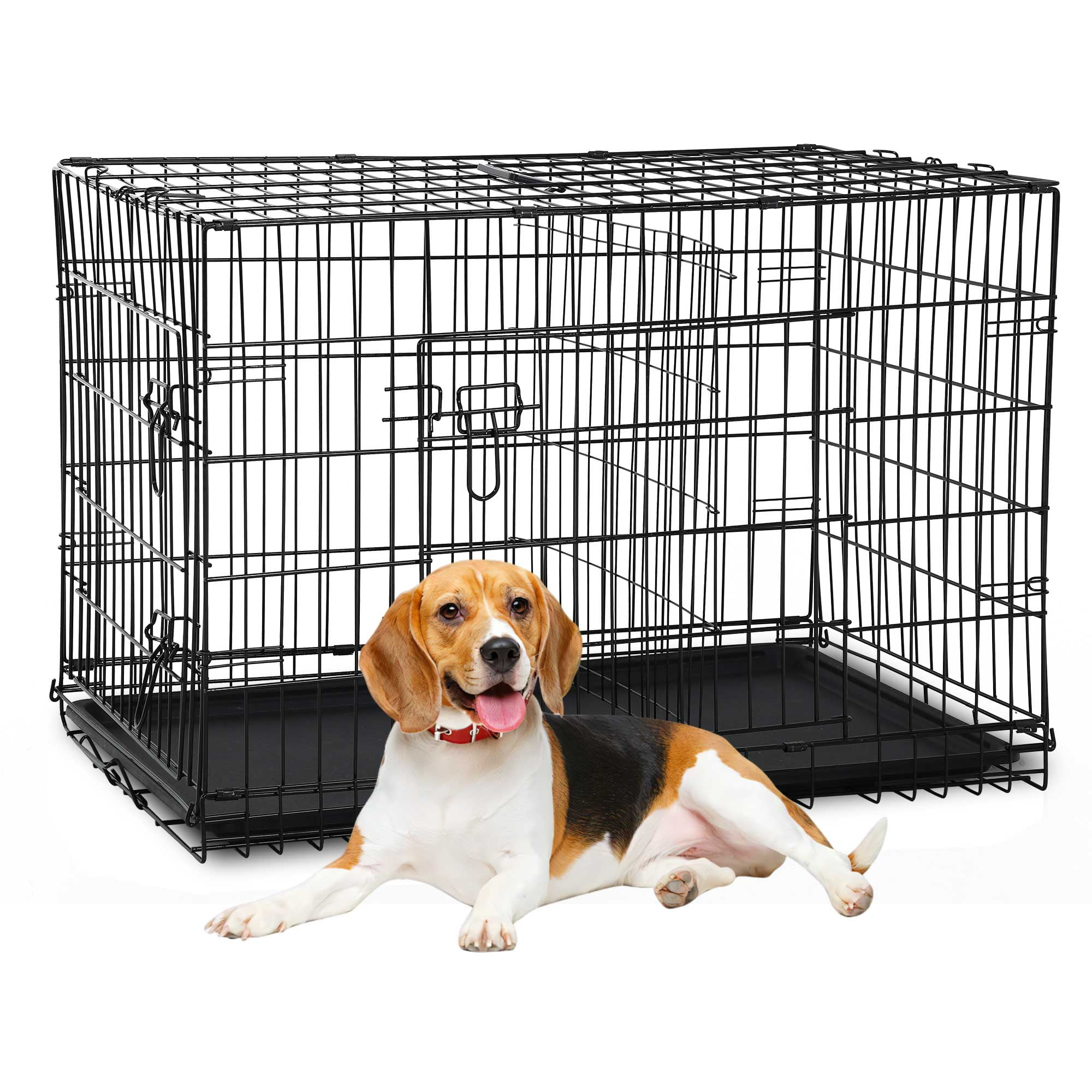 Black 42" Double Door Metal Dog Crate with Slide-out Tray