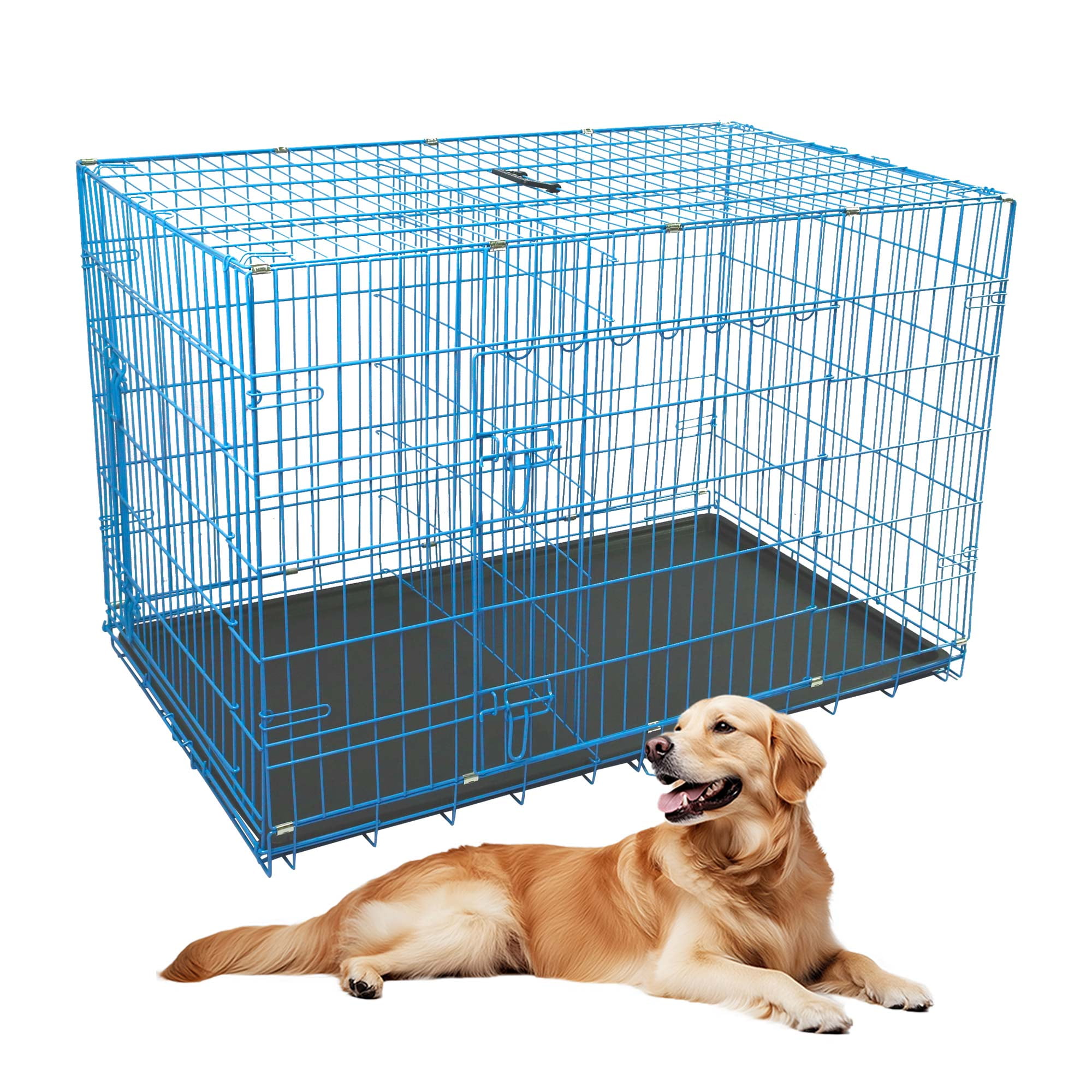 Large Blue Metal Double-Door Dog Crate with Tray