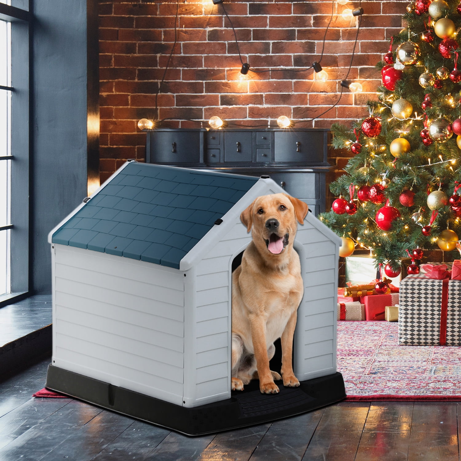 CL.HPAHKL Durable Plastic Dog House Outdoor Indoor, Waterproof Pet House for Small Medium Dogs, Insulated Puppy Shelter Doghouse with Elevated Floor and Air Vents(Blue, 34 inch)