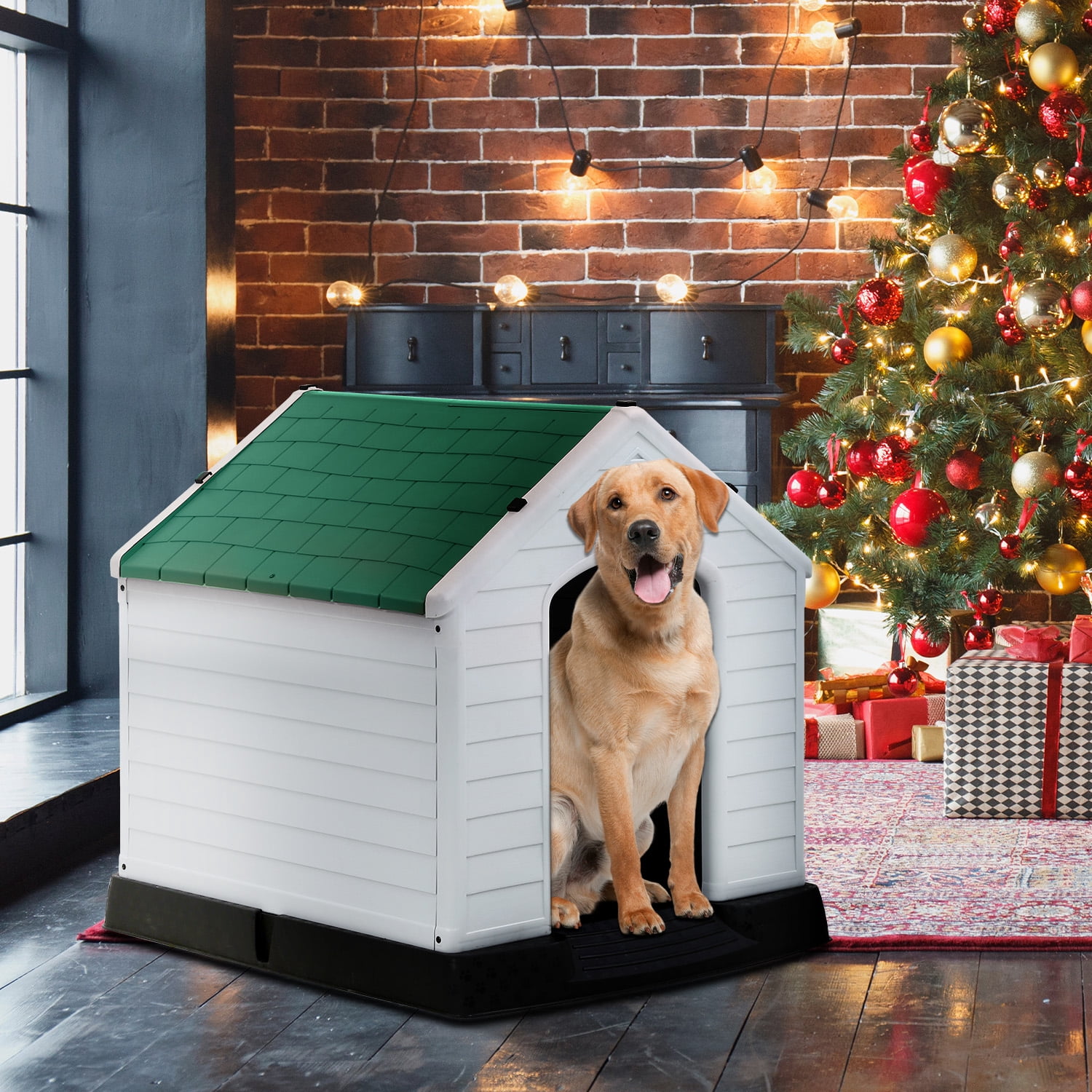 CL.HPAHKL Durable Plastic Dog House Outdoor Indoor, Waterproof Pet House for Small Medium Dogs, Insulated Puppy Shelter Doghouse with Elevated Floor and Air Vents(Green, 34 inch)