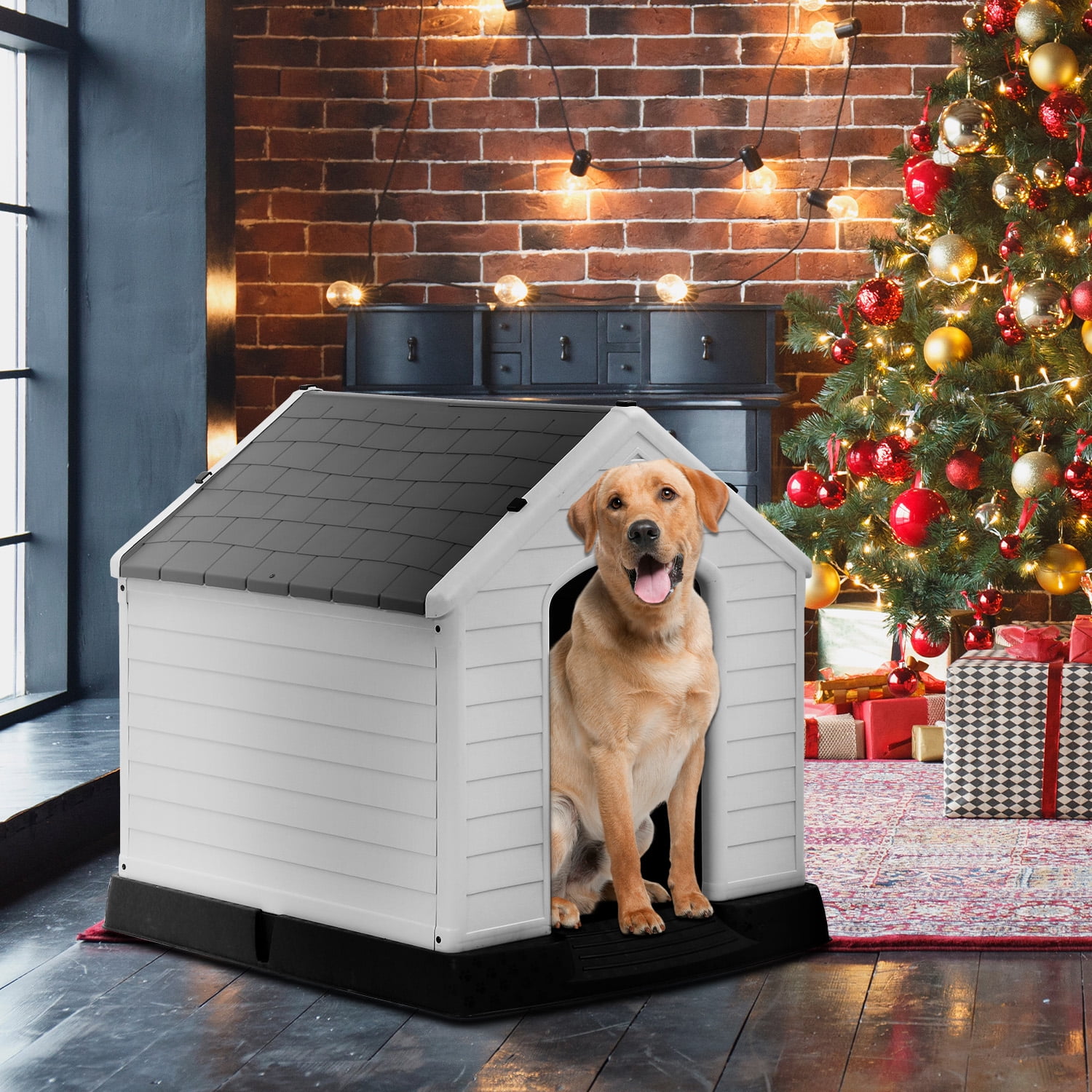 CL.HPAHKL Durable Plastic Dog House Outdoor Indoor, Waterproof Pet House for Small Medium Dogs, Insulated Puppy Shelter Doghouse with Elevated Floor and Air Vents(Grey, 34 inch)