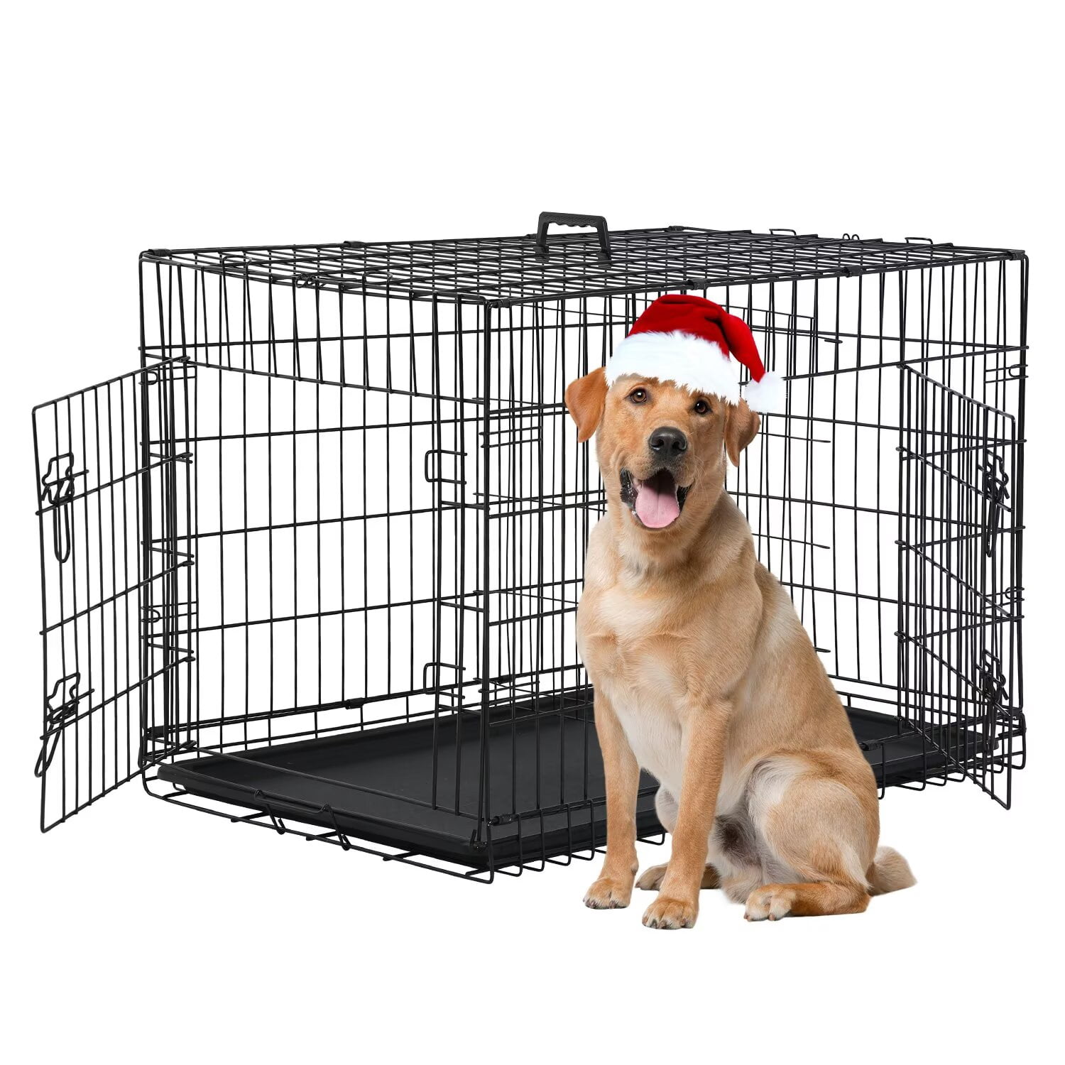 CL.HPAHKL Durable Wire Dog Crate, Folding Metal Dog Kennel Double Door Dog Cage with Plastic Tray, Pet Crate for Large Dog Indoor Outdoor Travel (Black, 36 inch)