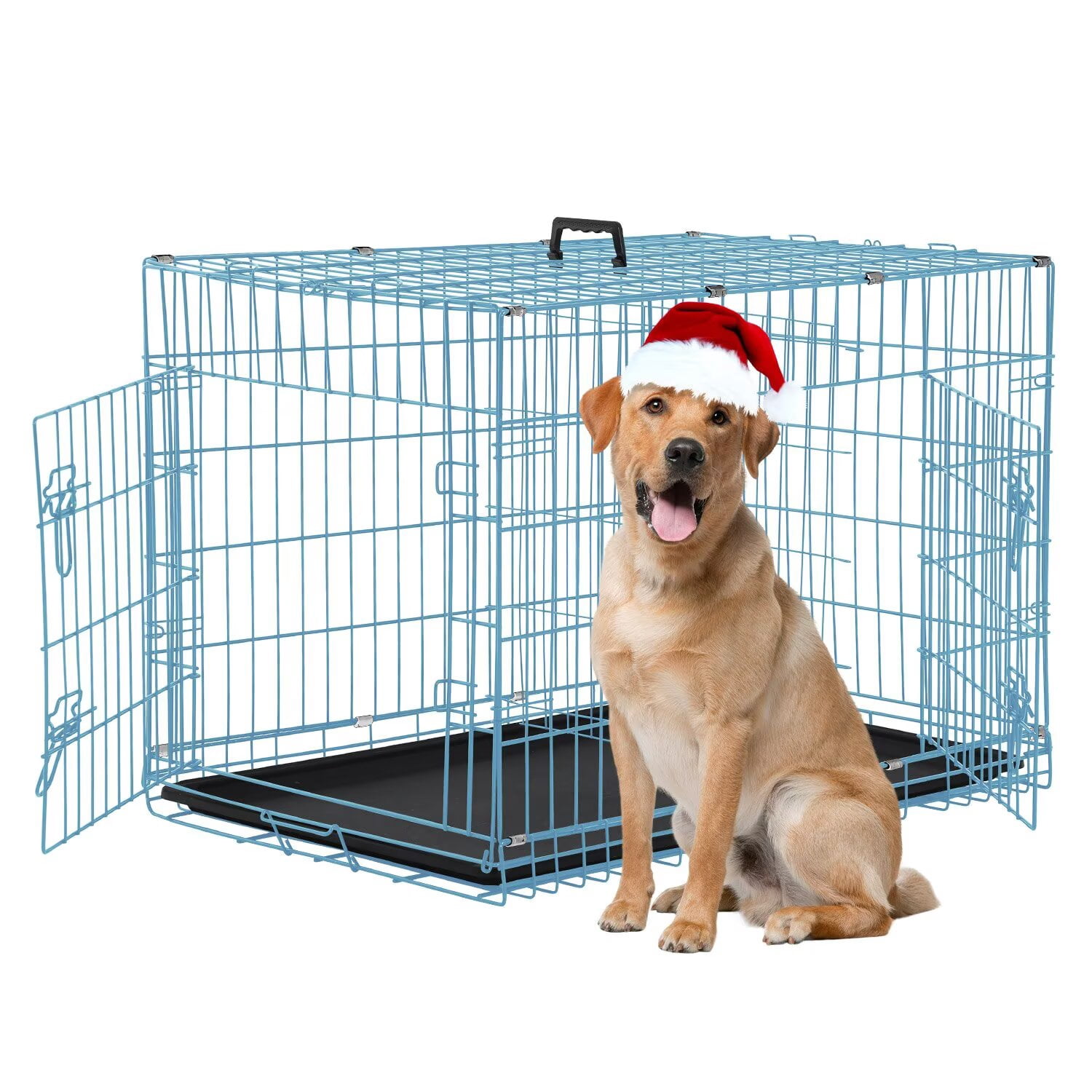 CL.HPAHKL Durable Wire Dog Crate, Folding Metal Dog Kennel Double Door Dog Cage with Plastic Tray, Pet Crate for Large Dog Indoor Outdoor Travel (Blue, 36 inch)