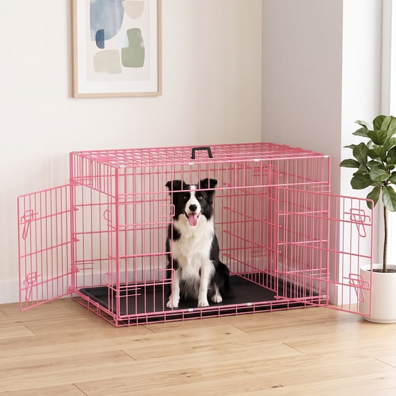 CL.HPAHKL Durable Wire Dog Crate, Folding Metal Dog Kennel Double Door Dog Cage with Plastic Tray, Pet Crate for Large Dog Indoor Outdoor Travel (Pink, 36 inch)