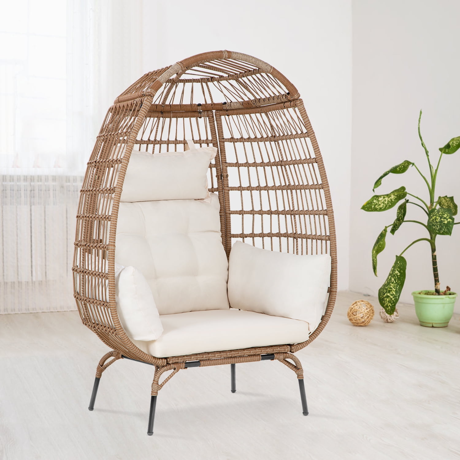 Nicesoul Large Indoor Outdoor Foldable Swinging Wicker Egg Chair with Stand Cover Brown Walmart