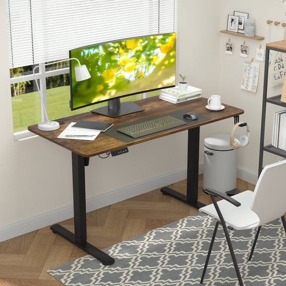 CL.HPAHKL Electric Standing Desk, Adjustable Height Computer Desk with Headphone Holder & 2 Memory Preset for Home Office Gaming, Brown
