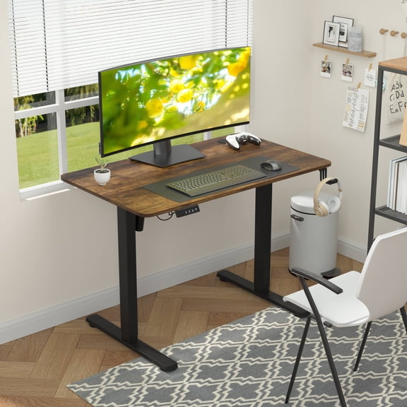 CL.HPAHKL Electric Standing Desk, Adjustable Height Computer Desk with Headphone Holder & 2 Memory Preset for Home Office Gaming, Brown