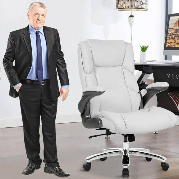 CL.HPAHKL Ergonomic Big and Tall Office Chair, Heavy Duty Computer Desk Chair PU Leather Executive Rolling Swivel Chair with Wheels, Flip-up Arms, Adjustable Height, White