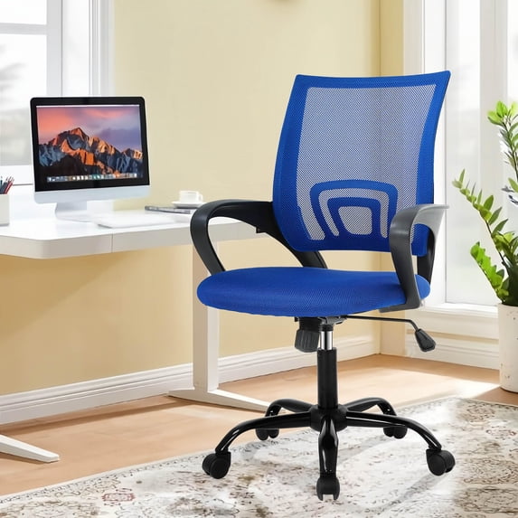 CL.HPAHKL Ergonomic Desk Chair, Mid-Back Mesh Office Chair with Wheels, Rolling Swivel Computer Task Chair for Home Office, Fixed Armrests, Tilt & Height Adjustable, Blue