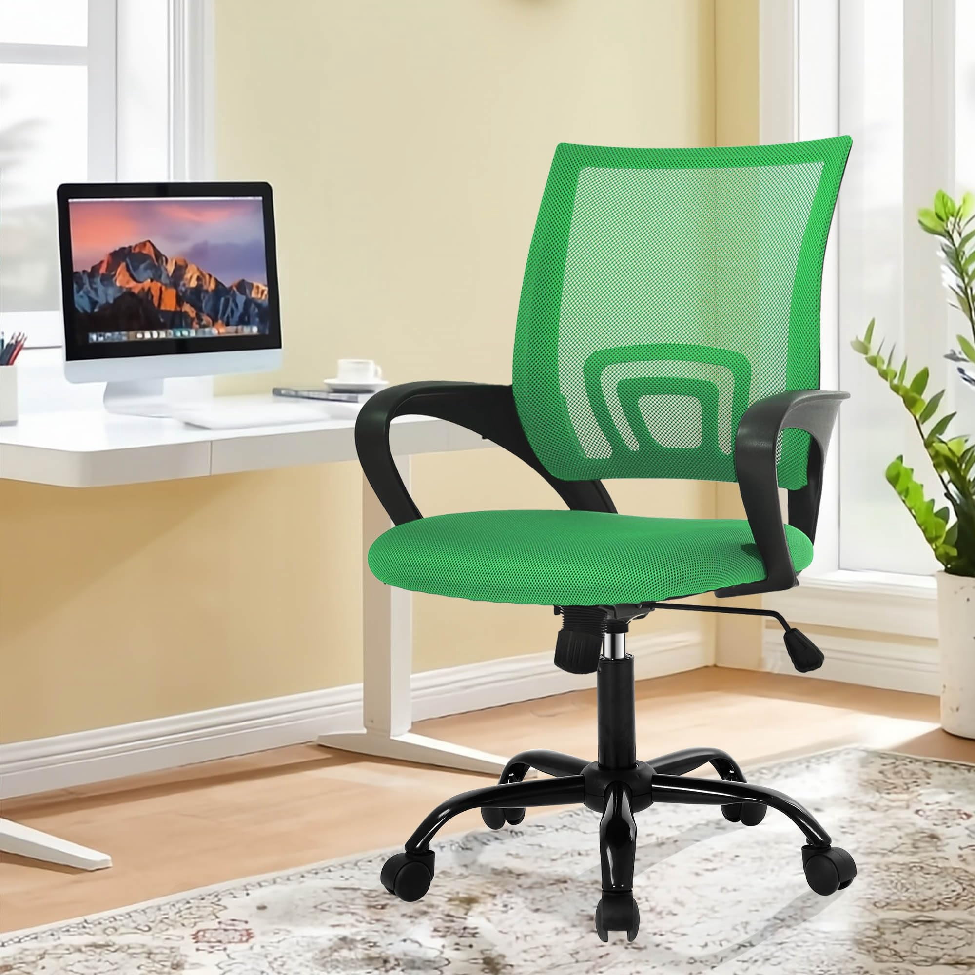 CL.HPAHKL Ergonomic Desk Chair, Mid-Back Mesh Office Chair with Wheels, Rolling Swivel Computer Task Chair for Home Office, Fixed Armrests, Tilt & Height Adjustable, Green