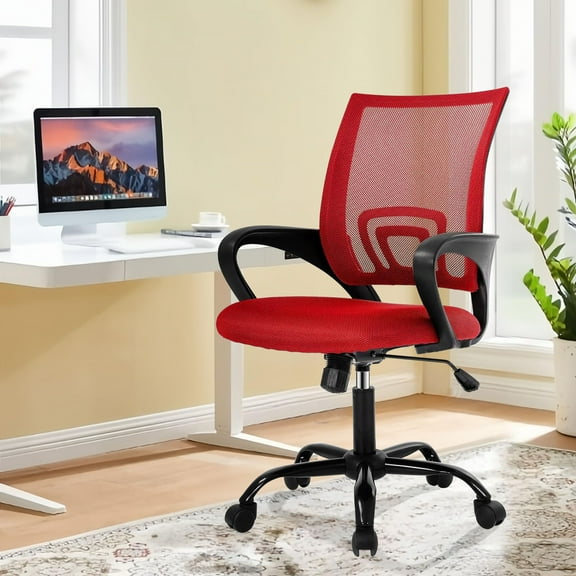 CL.HPAHKL Ergonomic Desk Chair, Mid-Back Mesh Office Chair with Wheels, Rolling Swivel Computer Task Chair for Home Office, Fixed Armrests, Tilt & Height Adjustable, Red