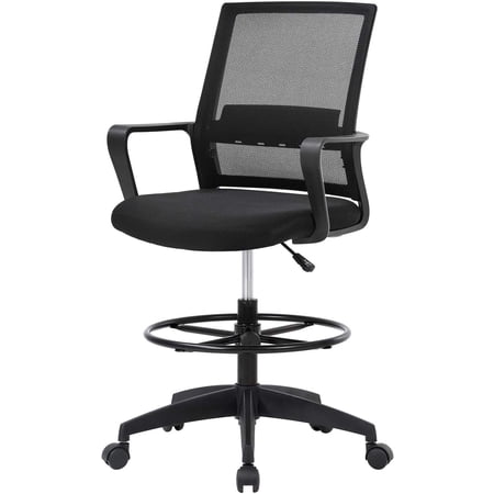 CL.HPAHKL Ergonomic Drafting Chair, Tall Office Chair with Lumbar Support, Fixed Arms and Footrest Ring, Adjustable Height Swivel Rolling Mesh Computer Chair for Home Office, Black