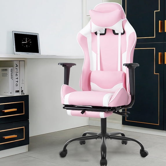 CL.HPAHKL Ergonomic Gaming Chair with Footrest, High Back Computer Desk Chair for Adults, Racing Office Chair with Lumbar Support & Headrest, PU Leather Swivel Video Game Chair, Pink