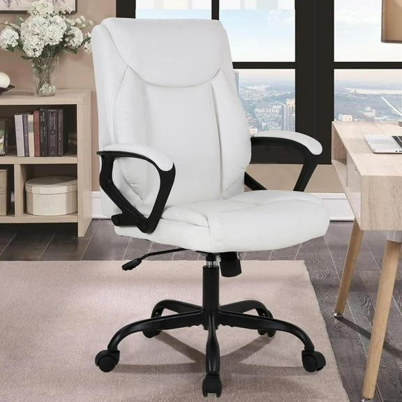 CL.HPAHKL Ergonomic Office Chair Comfy PU Leather Computer Desk Chair, Executive Rolling Swivel Task Chair with Lumbar Support & Armrest for Home Office, White
