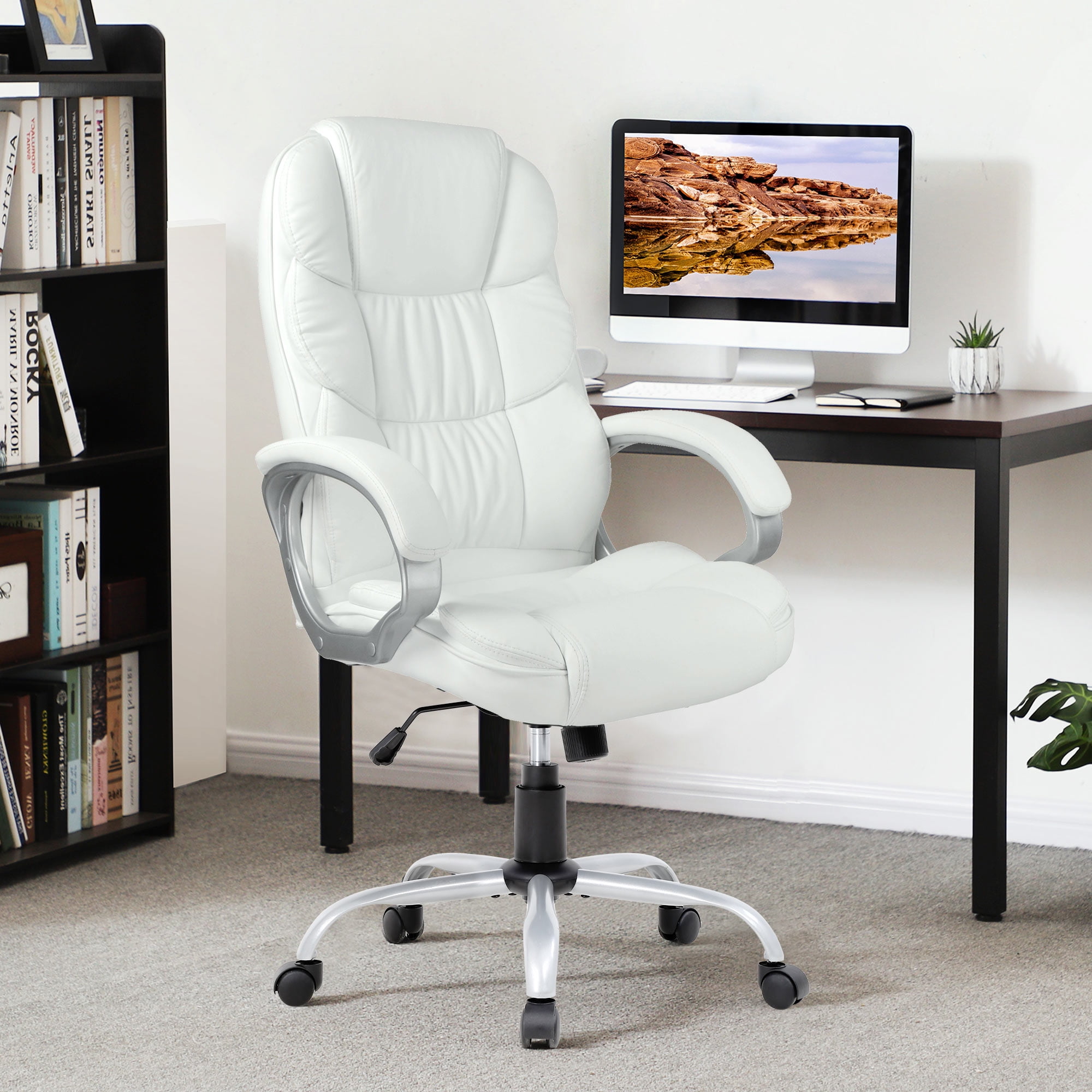 CL.HPAHKL Ergonomic Office Chair, PU Leather Home Office Desk Chairs, Adjustable Height Computer Chair with Armrest and Lumbar Support, Rolling Swivel Comfortable Office Chair Work Chair