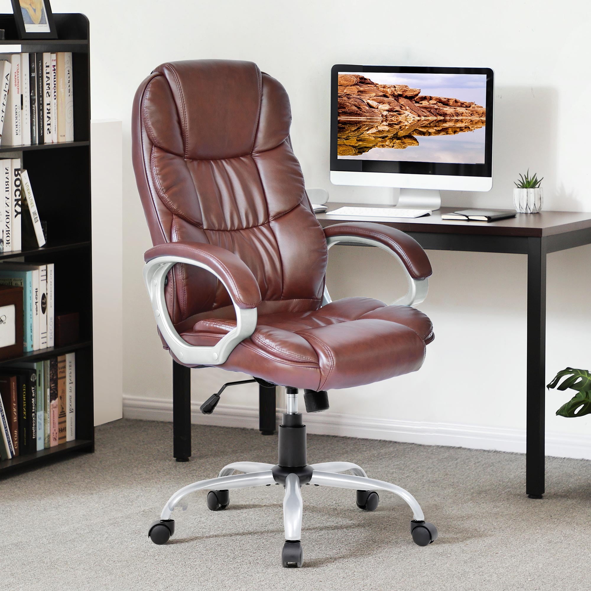CL.HPAHKL Ergonomic Office Chair, PU Leather Home Office Desk Chairs, Adjustable Height Computer Chair with Armrest and Lumbar Support, Rolling Swivel Comfortable Office Chair Work Chair
