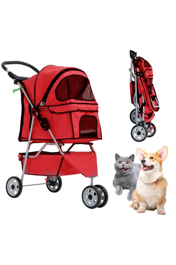 Foldable Pet Stroller, 3 Wheels Pet Stroller for Small Medium Dogs Cats Portable Pet Strolling Cart with Storage Basket and Cup Holder Pet Gear Dog Carriage Dog Stroller for All-Season, Red