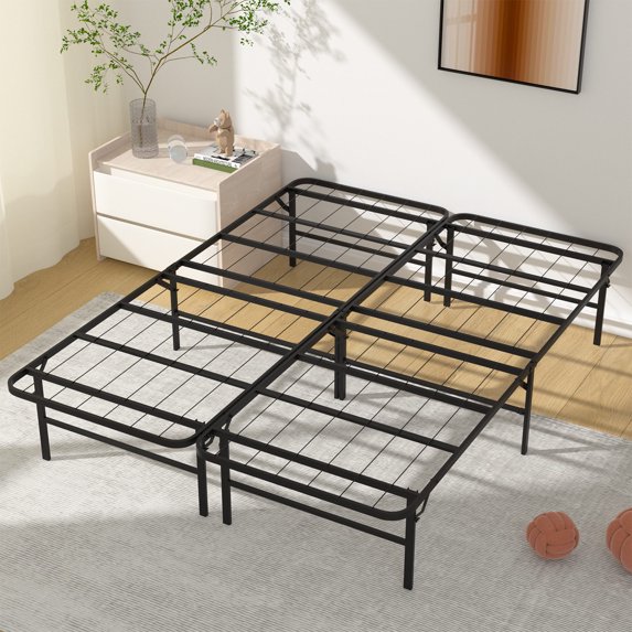 CL.HPAHKL Foldable Queen Bed Frame No Box Spring Needed, Heavy Duty Metal Platform Bed Frame Queen Size, 14 inch High Bedframe with Ample Storage, Easy Assembly Mattress Frame, Noise Free