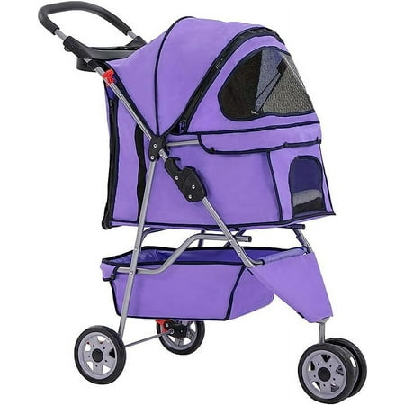 CL.HPAHKL Folding Dog Stroller, Pet Stroller for Small Medium Dogs & Cats, 3 Wheels Dog Stroller Travel Carrier with Storage Basket & Cup Holder,Purple