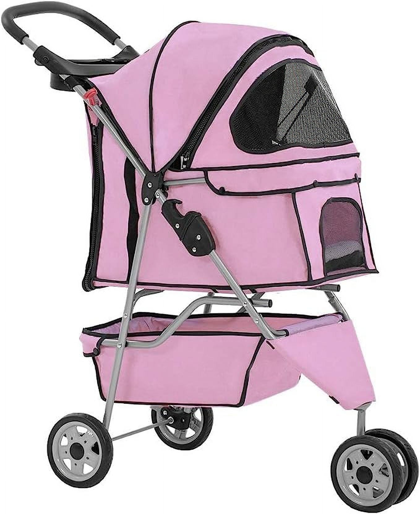 Pink 3-Wheel Folding Pet Stroller for Dogs and Cats