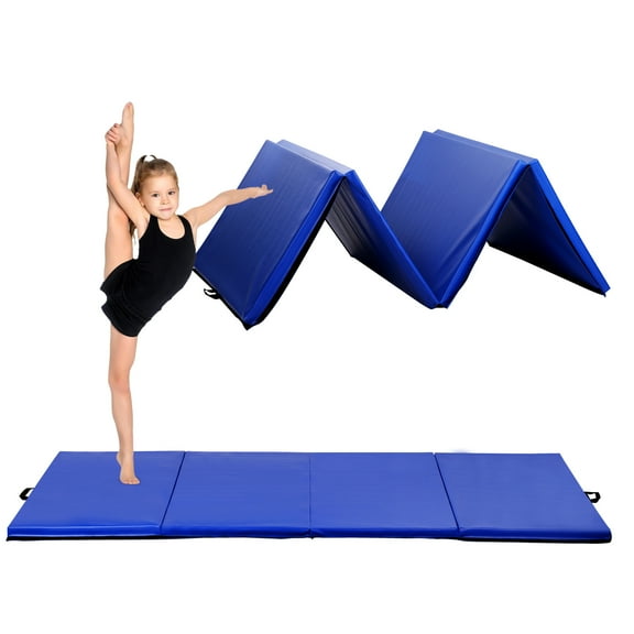 CL.HPAHKL Gymnastics Tumbling Mats, Waterproof 2-Inch Thick Gymnastics Mats 4-Panel Exercise Mats with Carrying Handles 4' x 8' Non-Slip Folding Gym Mats for Stretching Cheerleading, Kid Play, Blue