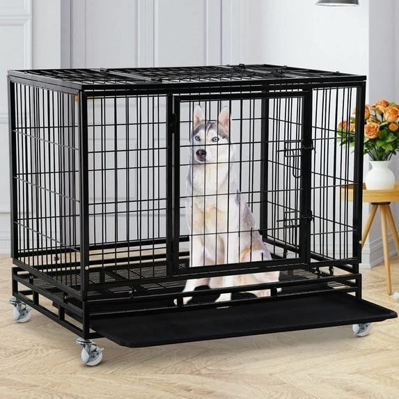CL.HPAHKL Heavy Duty Dog Crate, Metal Dog Kennel Double Door Dog Cage with Plastic Tray and Lockable Wheels, Large Crate for Large Medium Dog Indoor Outdoor Travel, 42 inch