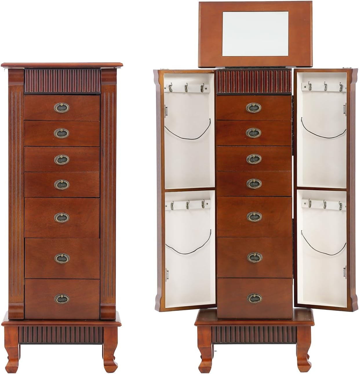 CL.HPAHKL Jewelry Cabinet, Freestanding Wooden Jewelry Armoire with Mirror, Jewelry Chest Storage Organizer with 7 Drawers and 2 Side Doors