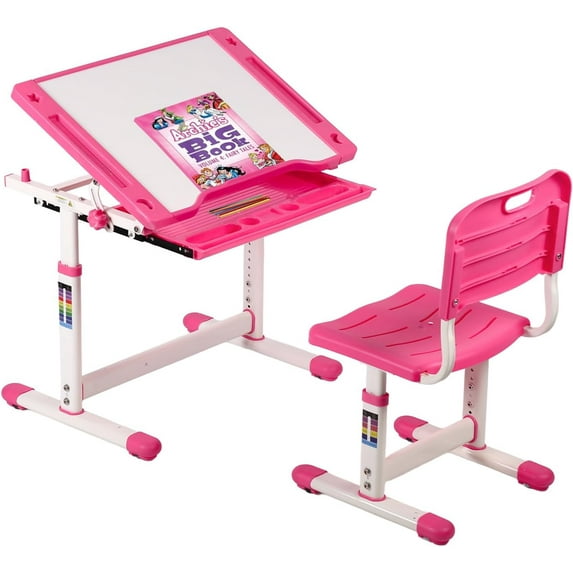 CL.HPAHKL Kids Desk and Chair Set, Height Adjustable Study Desk with Tilt Desktop & Storage Drawer, Kids Art Table Writing Desk for Boys Girls, Pink